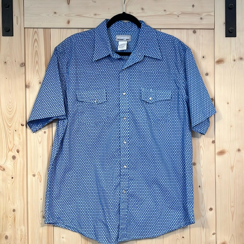 Wrangler Wrancher Men’s Pearl Snap Camp Shirt Blue Geometric Print Western XL